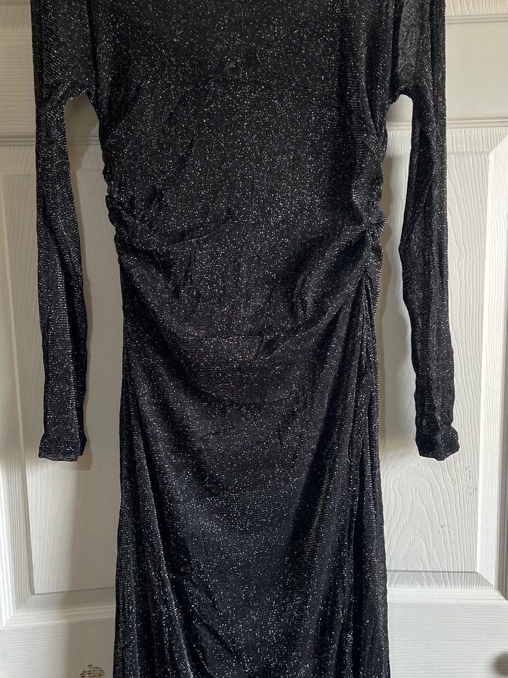 Black Sparkle Ruched Long-Sleeve Midi Dress